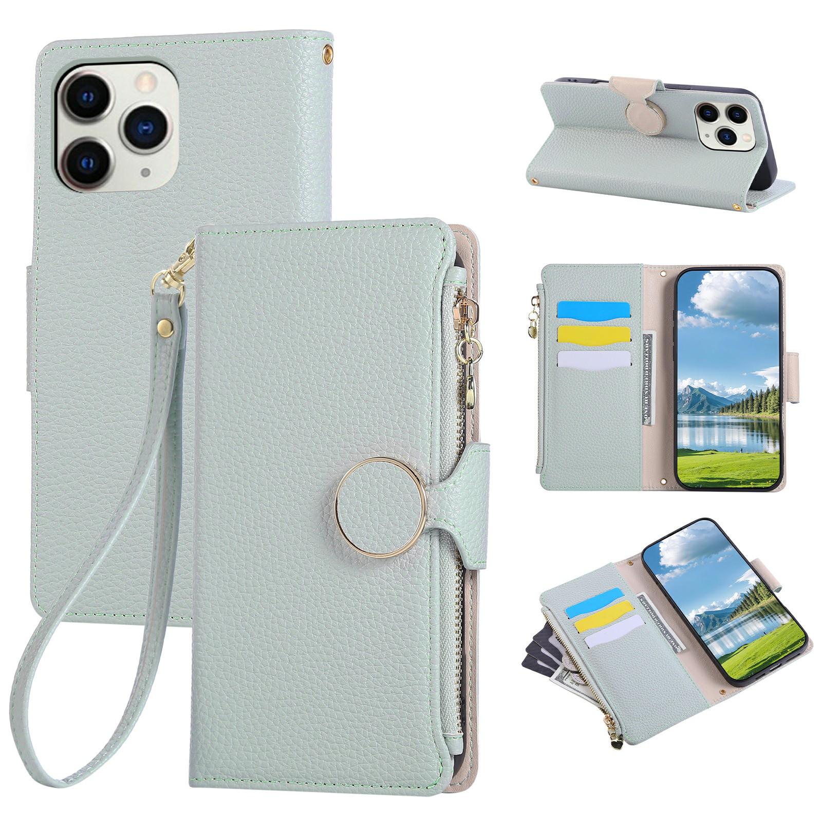 

For iPhone 15 Pro Max Case Zipper Wallet Leather Phone Cover with Wrist Strap Cyan