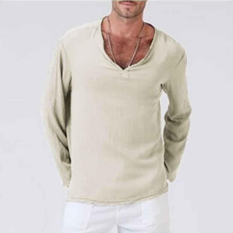 

Summer New Men s Solid Color V-Neck Casual Versatile Comfortable Long Sleeve T-Shirt M абрикосовый
