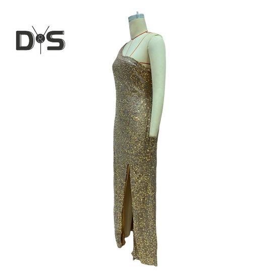 Robe de soirée pour femme, col incliné, une épaule, sans manches, paillettes, ourlet fendu, coupe ajustée, robe de soirée, maxi, soirée d'été