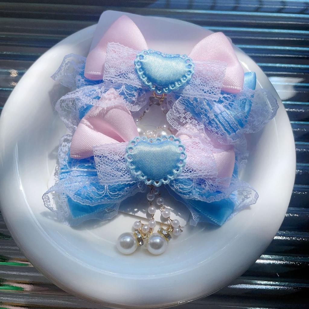 2PCS fabric girl bow handmade hair clip cute double ponytail children's pair clip edge clip dopamine headband