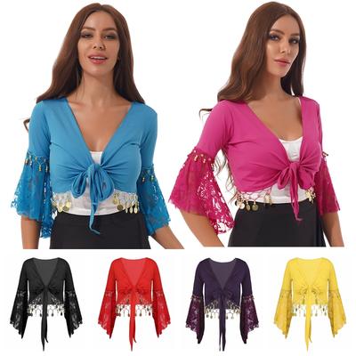 Women Girls Belly Dance Flare Sleeve Wrap Tops Bell Bead Tassel Lace-Up Shawl Crop Tops Cardigan Stage Costume