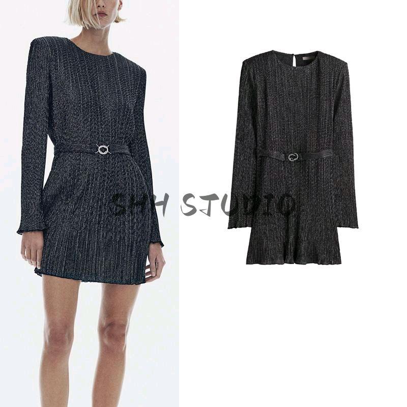 Spring New Arrival Women's Clothing Fashion Style round Neck with Belt Casual Padded Shoulder Ruched Dress 1245453