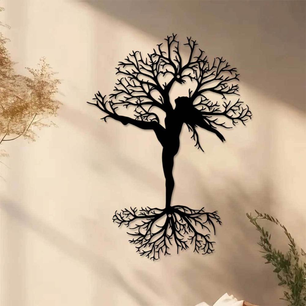 Metal Tree Wall Art Woman Sculpture 11.81 inch Indoor Outdoor Farmhouse Home Decor Living Room Office Patio Balcony Intricate Branch Design