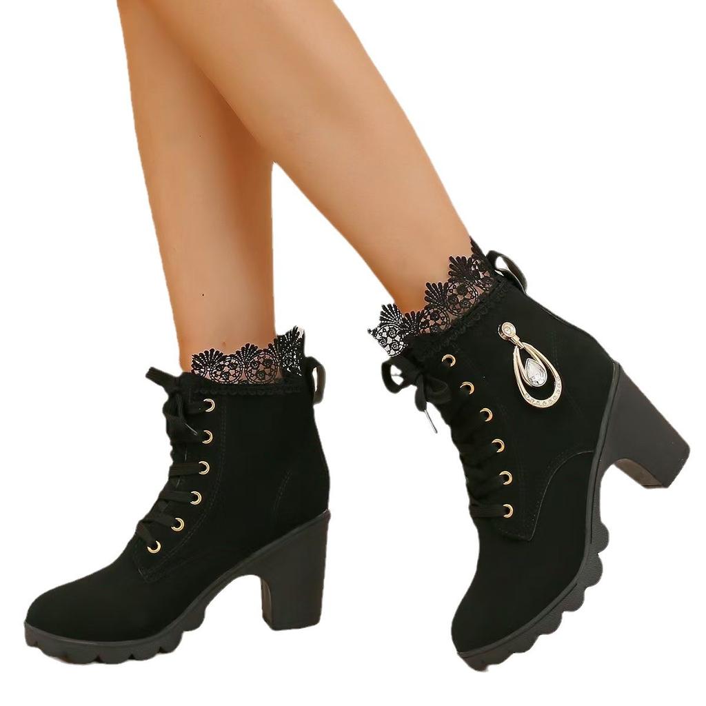 Autumn and winter new round head thick heel lace fashion boots rhinestone pendant high heel large size suede women's boots