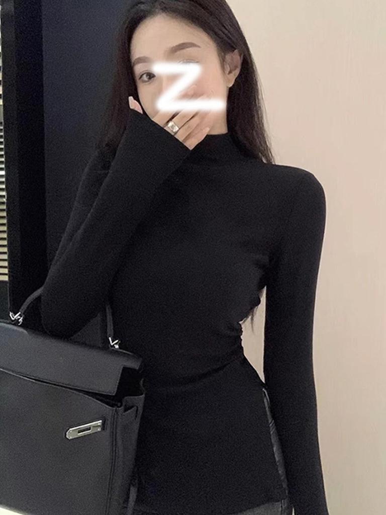 Women's Slimming Double-Sided Velvet Half-High Neck Top – Slim Fit, Flaw-Concealing Design, Niche Autumn/Winter Layer with Slit