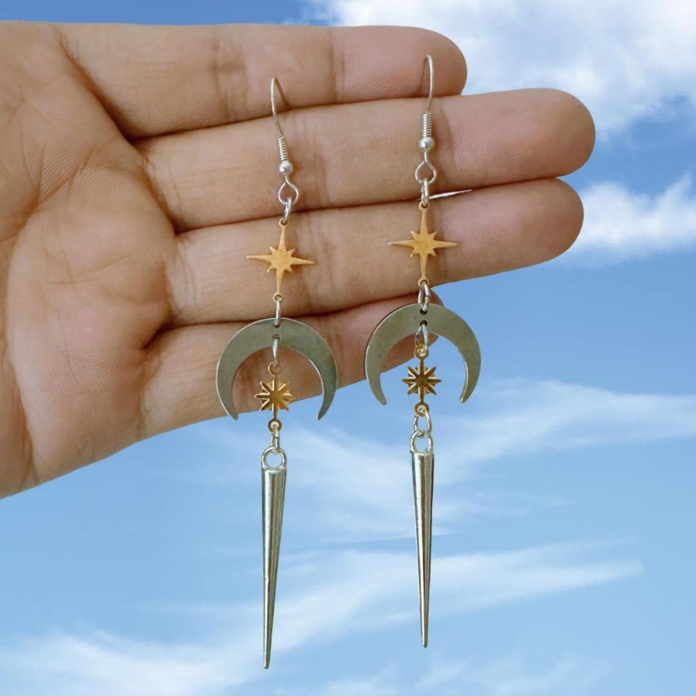Temperament Personality Gold Color Sun Silver Color Moon Geometric Rivet Tip Cone Dangle Earrings for Women Halloween Jewelry