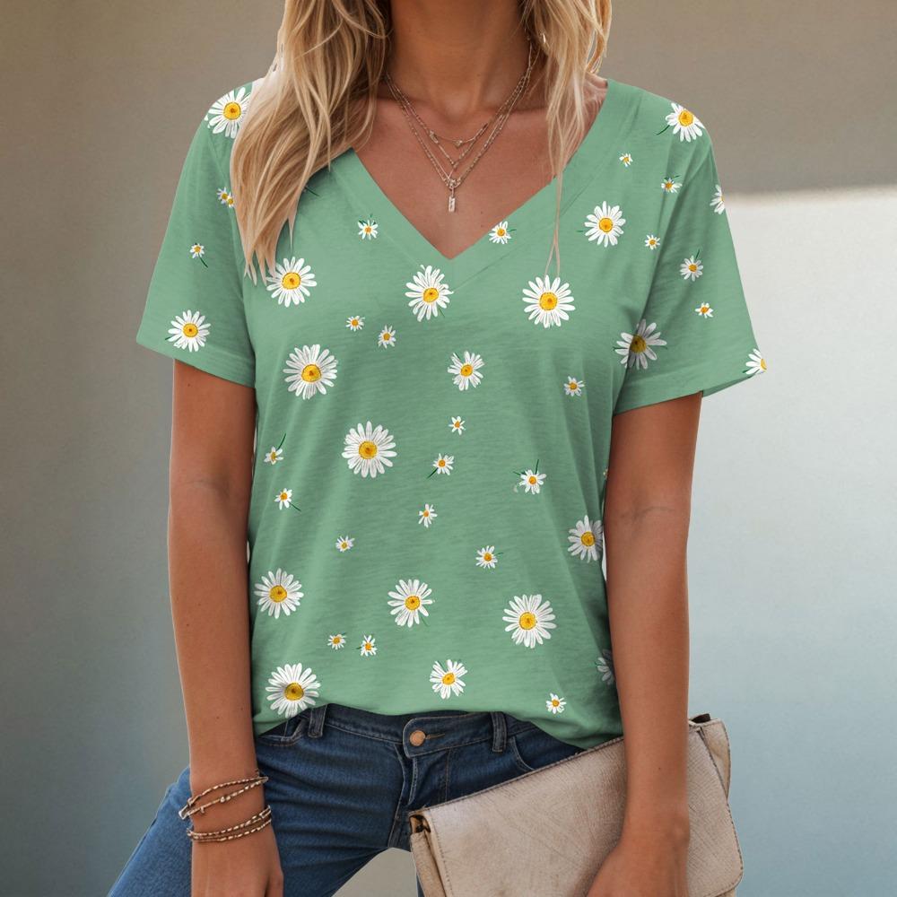 T-shirt estiva casual e alla moda con scollo a V, maniche corte e fantasia per donna. Stile ampio e casual, adatto da indossare per le signore.