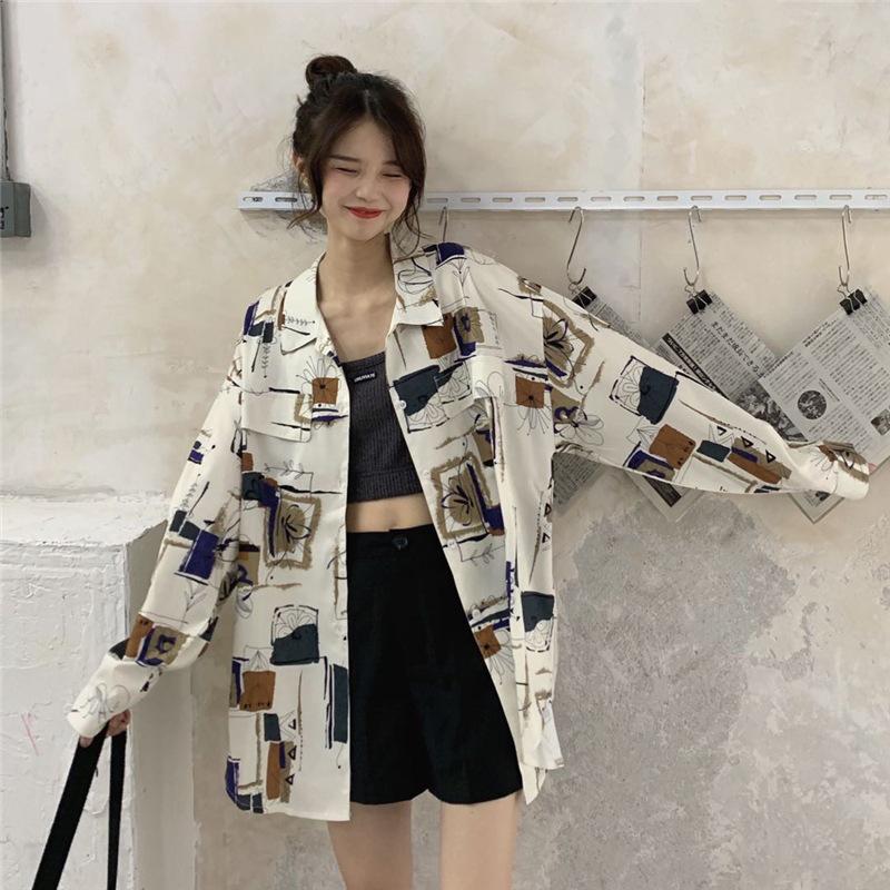 

Блузка из шифона с цветочным принтом в гонконгском стиле для женщин - С длинным рукавом, свободного кроя, универсальная верхняя одежда для весны и осени XL