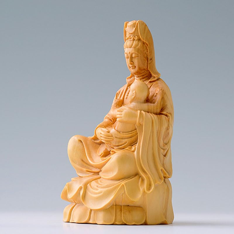 Dsdsad Wooden Buddha Statue, Seated Mother Kannon, Premium Boxwood Wood Carving (10cm Tall X 5.5cm Wide) "Prayer for Safe Childbirth, Guardian of