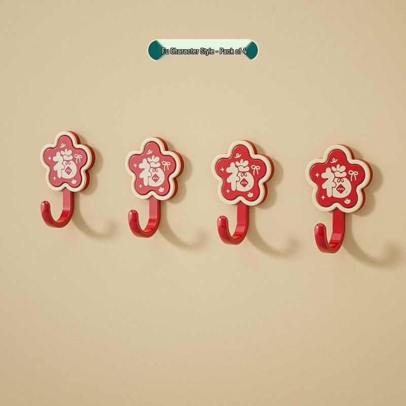 Red Festive New Year Wealth & Prosperity Adhesive Door Hook for Housewarming, No-Drill Installation
