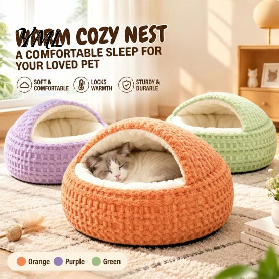 Warm Plush Bed for Kittens Large Cats Covered Cat Bed, Semi Enclosed Cave Hooded Self Warming with Non-Slip Bottom Indoor Small Medium Hideout