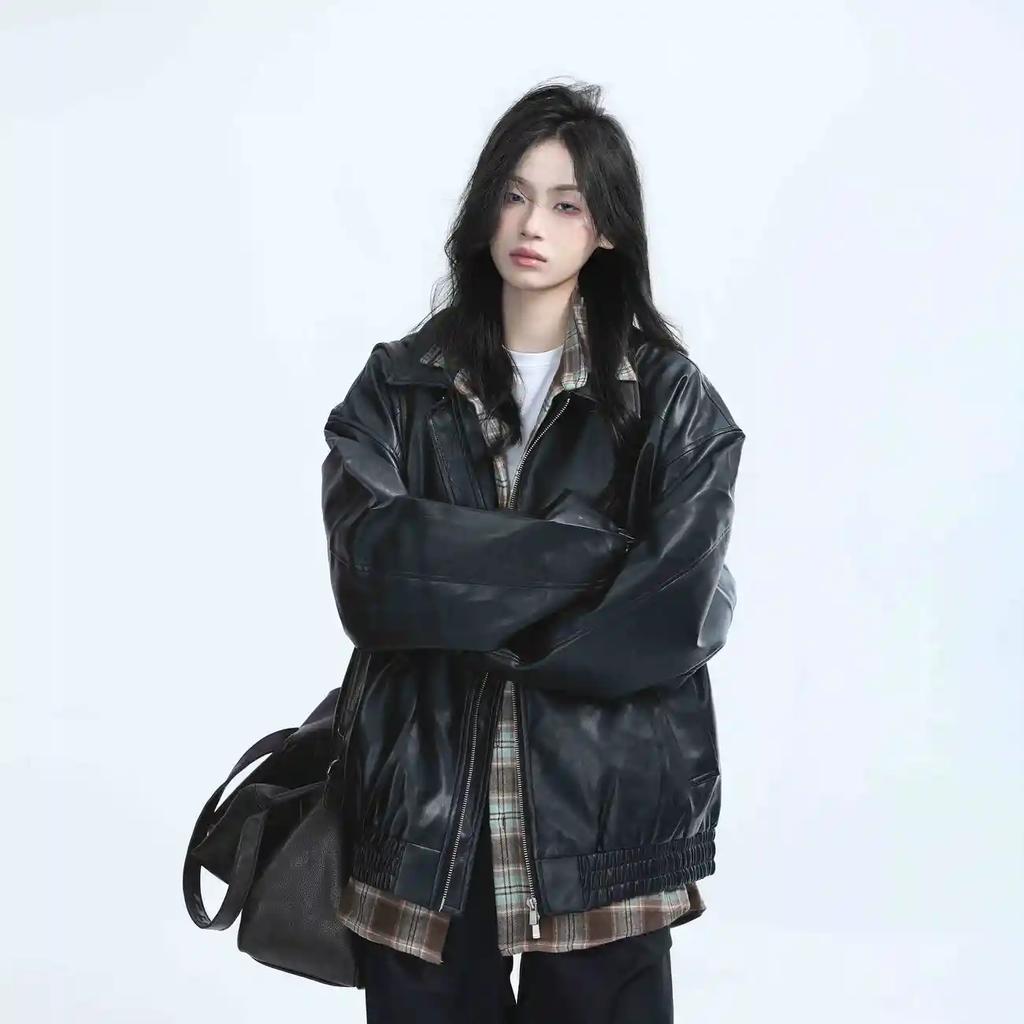 Ретро Жіноча куртка на блискавці зі штучної шкіри Весна Осінь Жіночий шкіряний плащ з довгими рукавами Жіночий PU шкіряний верхній одяг