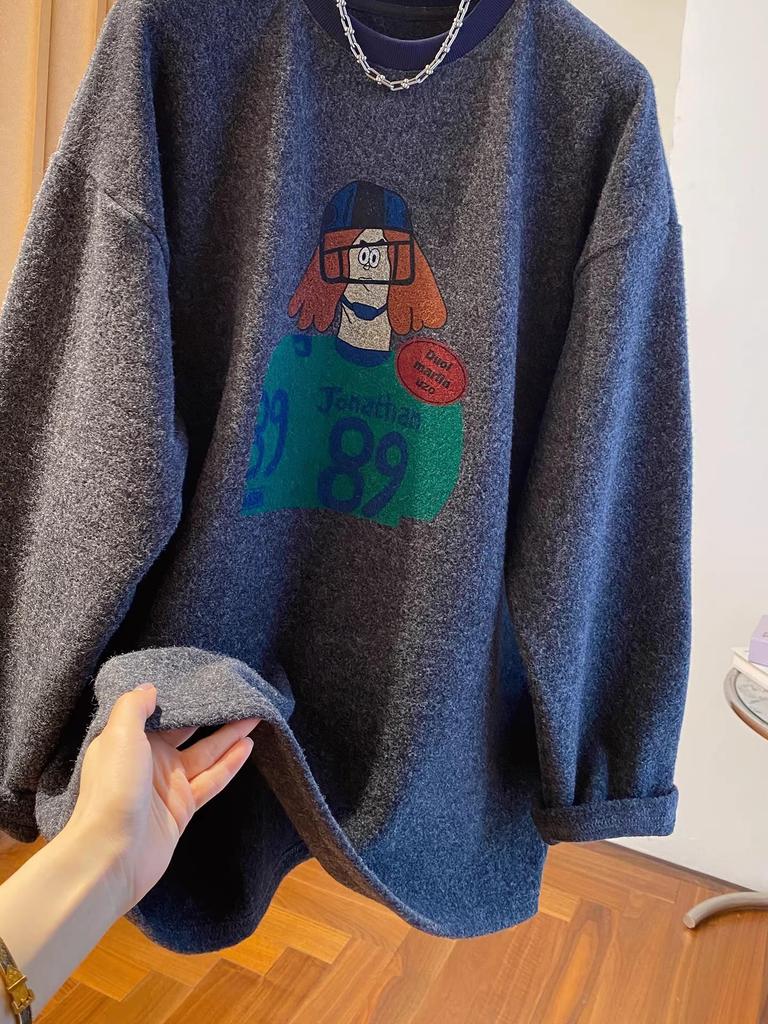 Women's 2025 Cartoon Print Woolen Long Sleeve T-shirt: Loose, Warm, Plus Velvet, Brushed Inner Layer