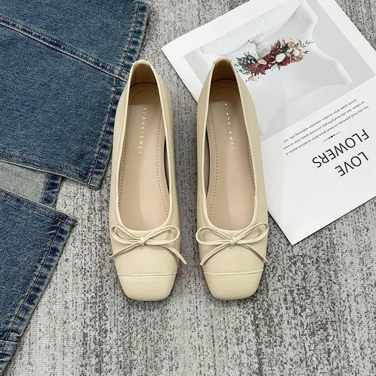 Shallow flat-soled single shoes women's 2025 autumn new bow French ballet shoes thick heel soft sole gentle evening shoes