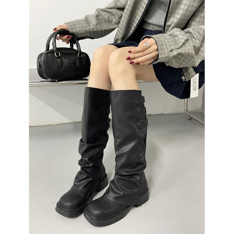 Vintage Maillard brown boots autumn and winter thick soles but knee folds stacked boots high boots