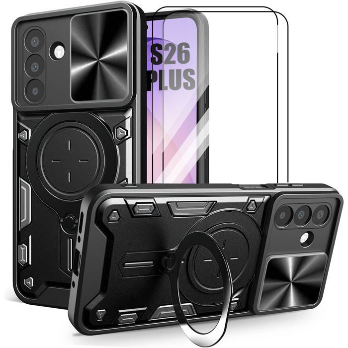 Coque pour Samsung Galaxy S26 Plus, Antichoc avec Protection Caméra - Noir - 2 Verres Trempés