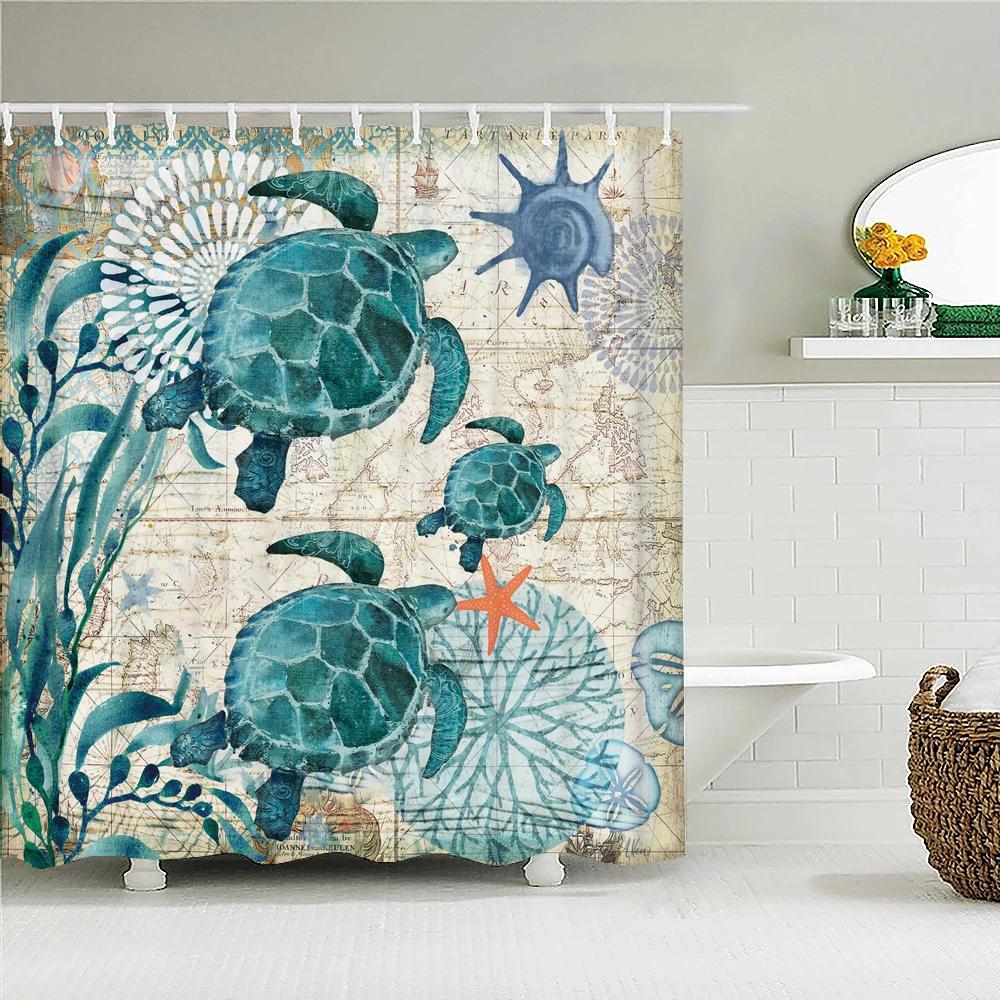 Шторка для душа Морская черепаха Морская черепаха Шторы для ванной Дельфин Водонепроницаемая полиэстеровая ткань 180x180 см Домашний декор С 12 крючками W90XH180cm