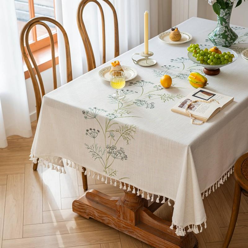Fresh Linen-Cotton Embroidered Tablecloth Waterproof Dining Table Cloth Modern Cover