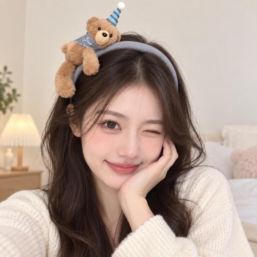 Elastic Cute Hair Hoops Soft Lay Down Bear Hairbands Gingham Tiaras Cartoon Bear Headwear Makeup