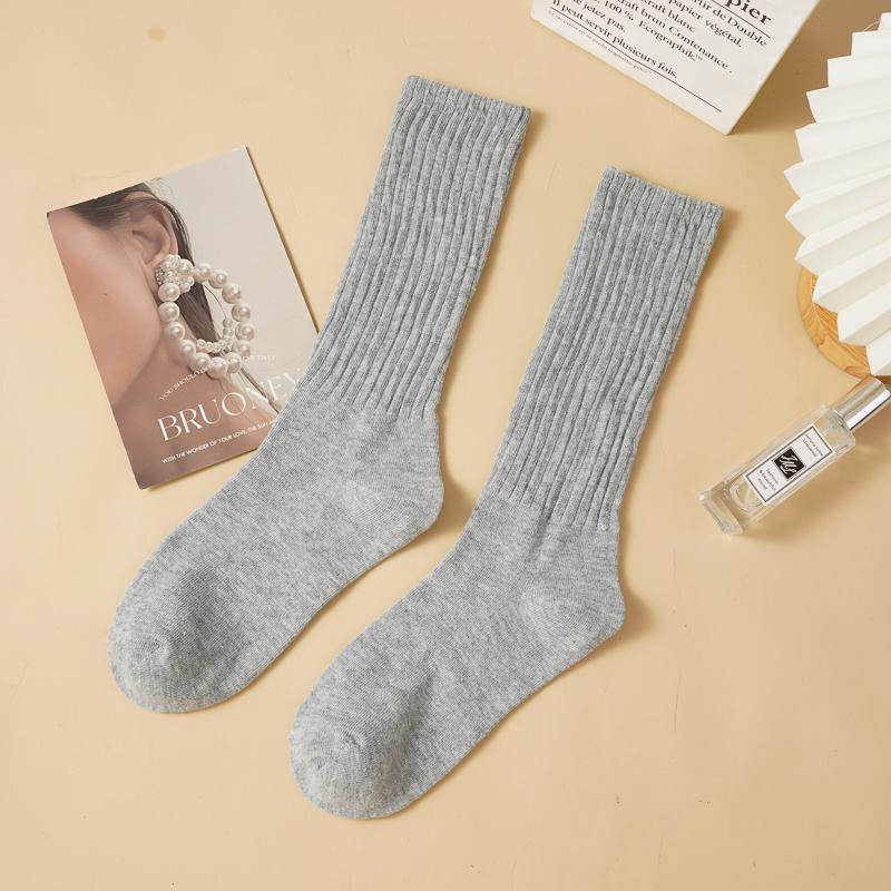 3 Pairs Womens Calf Socks Middle Length Scrunch Stacked Sock Cotton Boot Socks for Girls Trendy Solid Color JK Student Socks