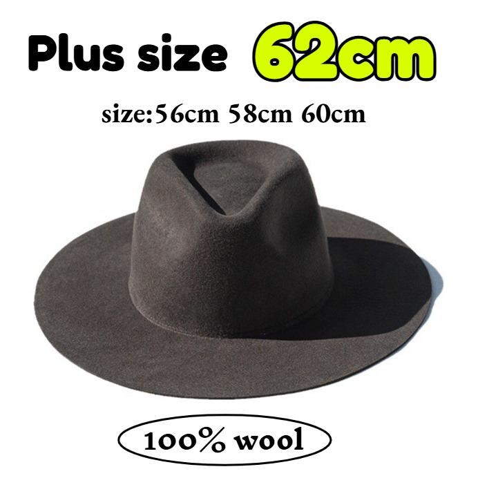 Men's Large Size 100% Wool Fedoras Hat Women Vintage Western Jazz Cowboy Hat Autumn Winter Big Head Wide Brim Felt Hat 56-62cm