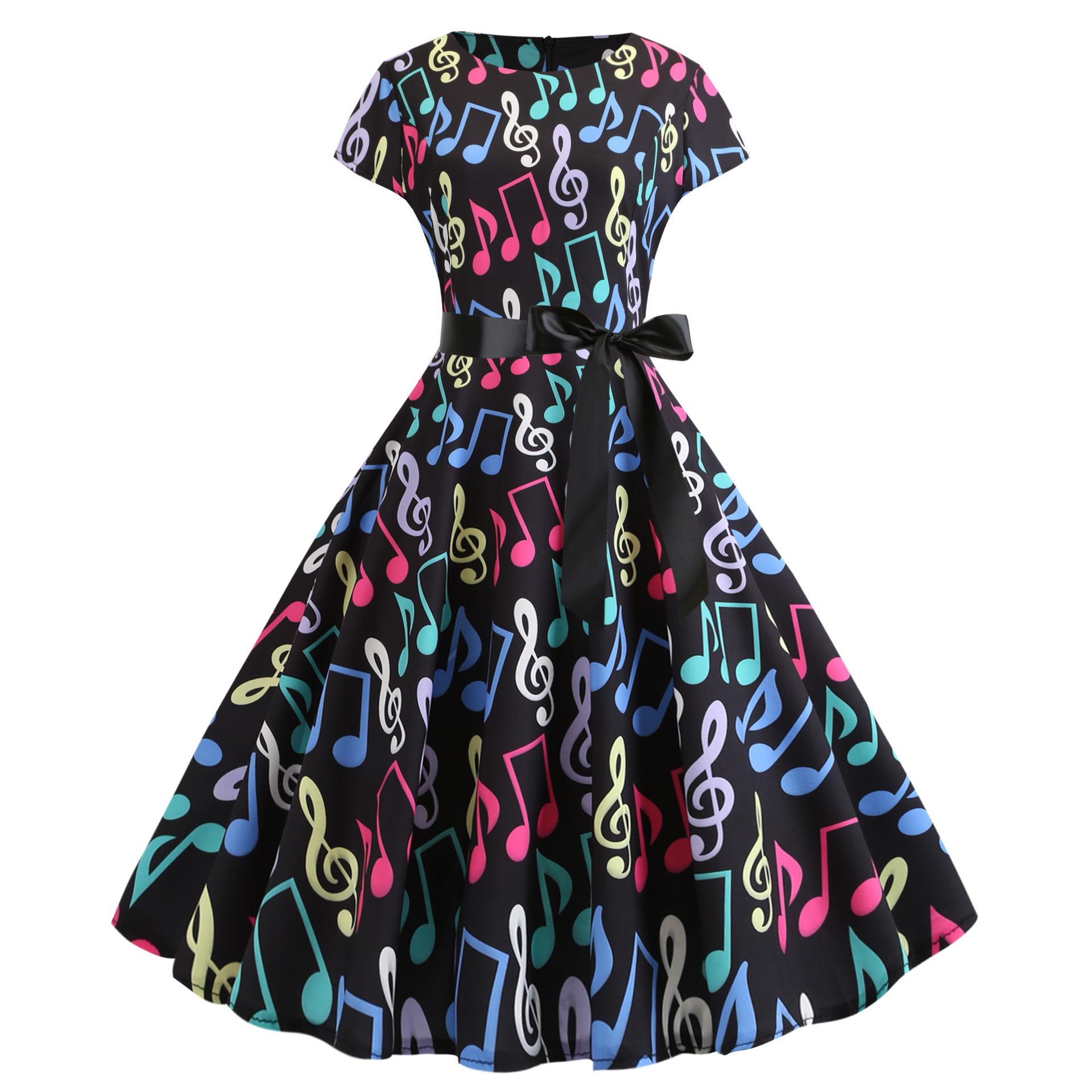 Retro Hepburn-Style Printed Swing Dress with Belt S