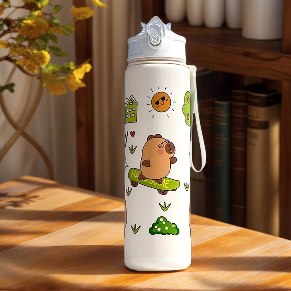 800ml Capybara Insulated Water Bottle W/ Straw & Handle Sport Portable Drinking Bottle Travel Water Cup for Boys Girls Daily Use