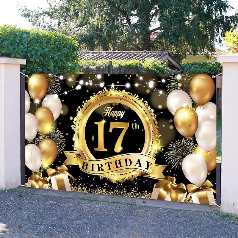 2D 17th Birthday Party Backdrop, Shiny Black Gold Gift & Fireworks Background Cloth for Milestone Birthday