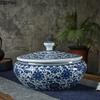 Vintage Ceramic Storage Jar with Lid Blue Flower Pattern Tea Caddy Living Room Ornament Flat Belly Ceramics Jar Home Decoration