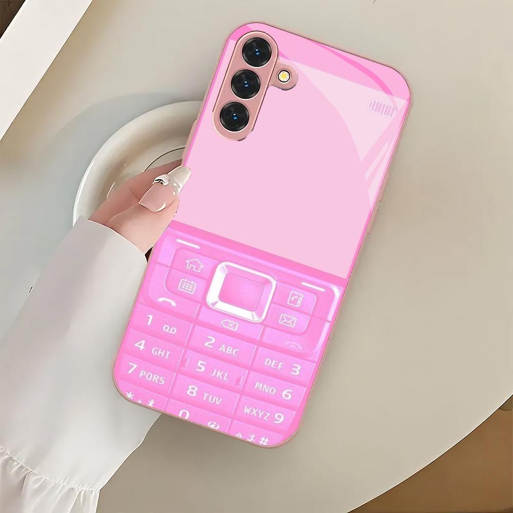 Pink retro button glass phone case suitable for Samsung Galaxy S26 S25 S24 S23 S22 S20 FE/Ultra/Plus anti drop back cover