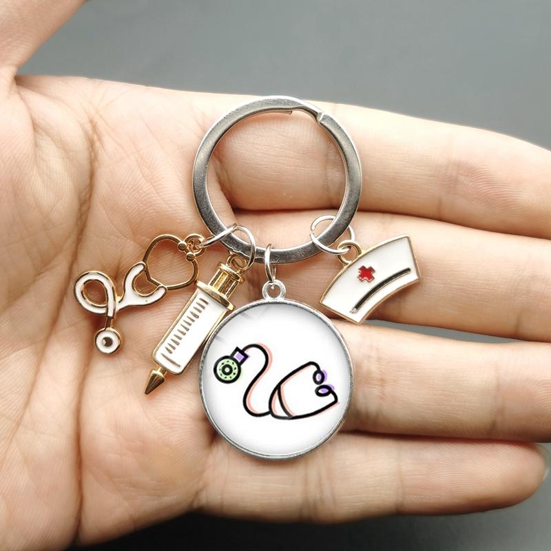 Paint Fashion Creative Nurse Medical Syringe Stethoscope Image Keychain Glass Suitable Nurses and Doctors Key Ring Pendant Gift