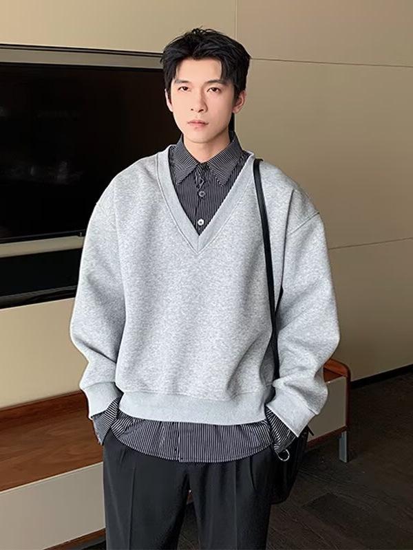 Men's Korean Style Two-Piece Patchwork Hoodie - Autumn/Winter Loose Fit, Solid Color, Versatile Design.