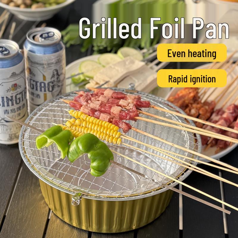 

Portable Disposable BBQ Grill Rack & Foil Pan Set for Outdoor Cooking, Tea Brewing, and Camping Small Grill + Rack [3-pack]