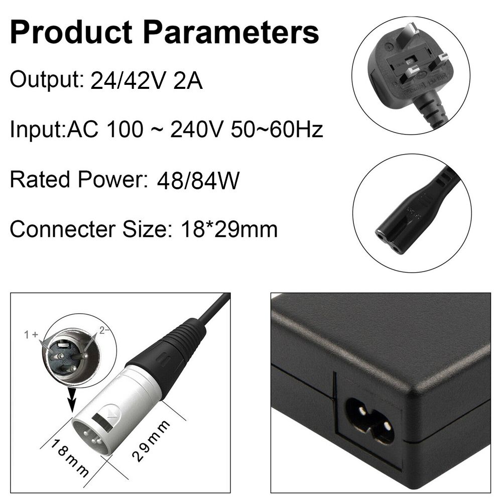 Practical Electric Bike Mobility Scooter 24/42V 2A Ebike Charger Fast Charging Power Adapter