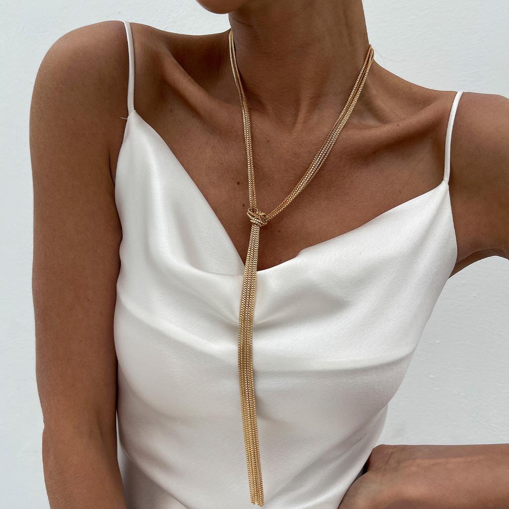 Europe and America, Long Fringed Snake Bone Chain, Neck Chain Necklace, Cold Wind Plain Chain Knotted Necklace