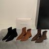 French suede pointed thick heel short boots women's autumn and winter new rear zipper low heel bare boots elastic thin socks boots women