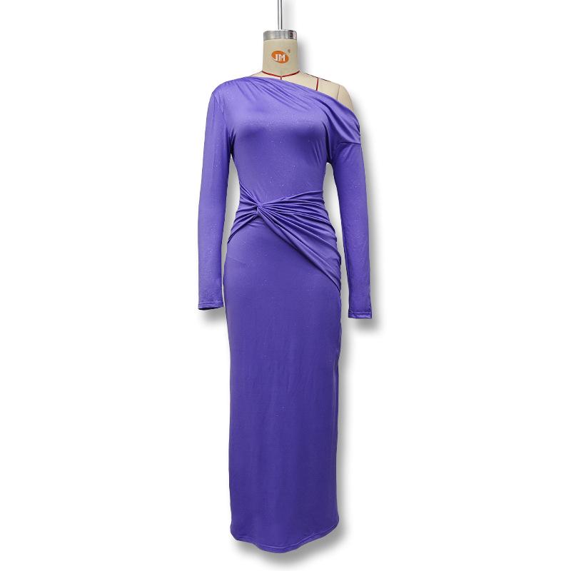 Chic European & American Off-Shoulder Pleated Long-Sleeve Maxi Dress
