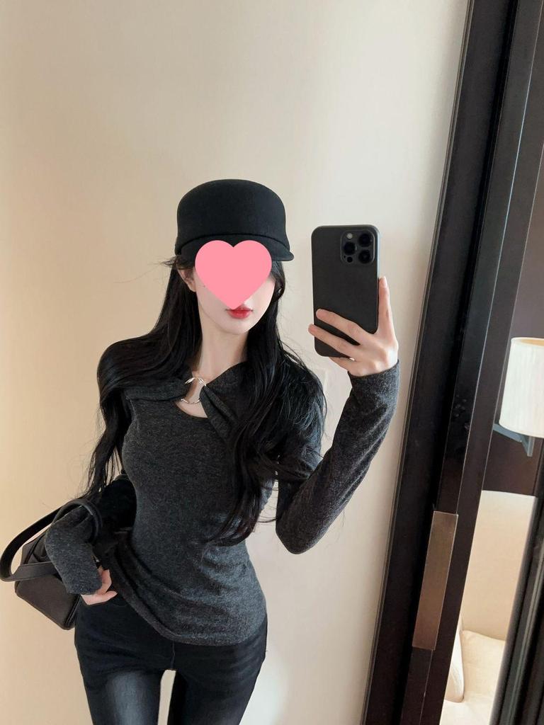 Women's Korean Design Two-Piece Look Long-Sleeve Slim-Fit Base Layer Top for Autumn/Winter