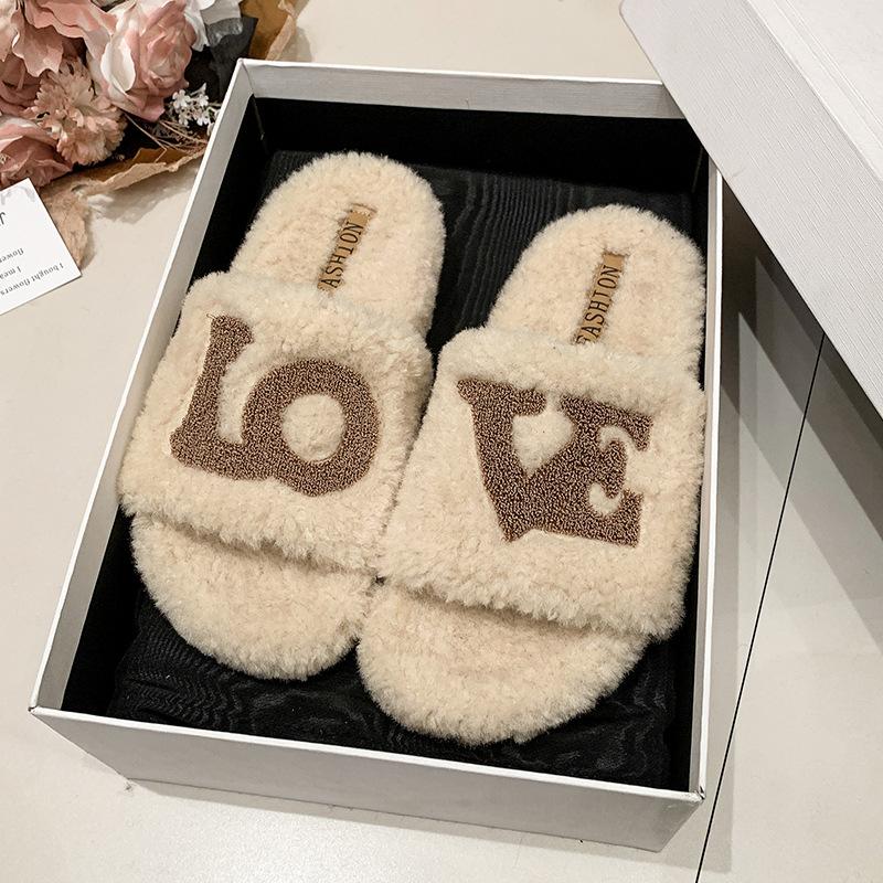 Fashionable letters wear thick-soled fluffy slippers 2025 new suede one-word drag autumn and winter warm cotton drag women's shoes