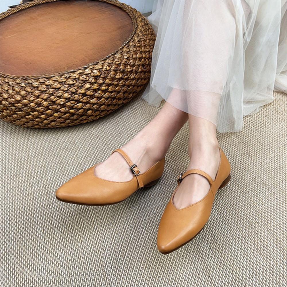 Johnature Vår Høst Retro Spenne Stropp Grunn Myk Uformell spiss Loafers Kvinner Ekte Skinn Flats Sko