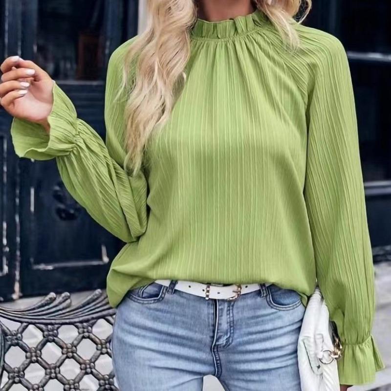 Women's Spring and Summer New Solid Colour Commuter Style Ruffle Collar Loose Type Long-sleeved Blouse Shirt