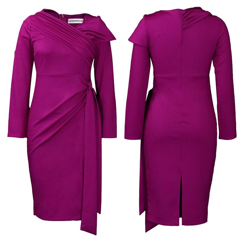 

Long Sleeve Women s Clothing Solid Color Skirt Dress Pleated Pencil Diagonal Collar