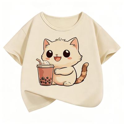 Cute Cat Drinking Water Pattern Children's T-Shirt Summer Short Sleeve Cartoon Boys Girls Clothing