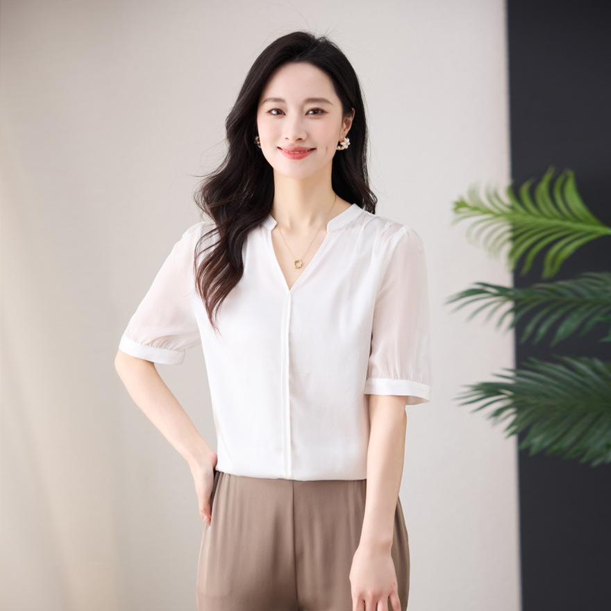 

Silk shirt women s fashion short-sleeved top summer new V-neck loose mulberry silk shirt L білий