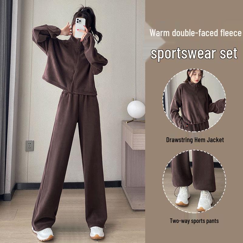 Women's 2024 Double-Sided Fleece Tracksuit: Cozy Yoga Jacket & Casual Warm Pants for Autumn/Winter Fitness.