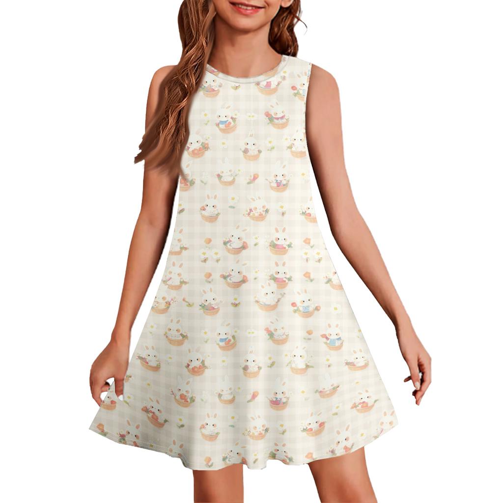 Girl Summer Dress Sleeveless Printed Color Casual Dress
