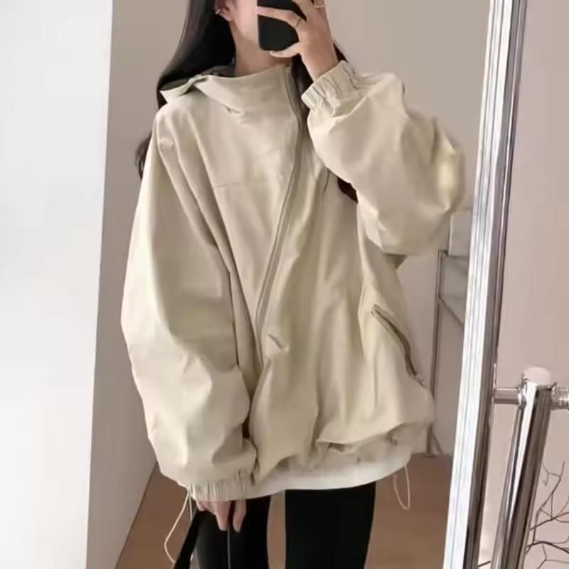 

Модные женские куртки с капюшоном, дизайн с диагональной молнией, винтажные, осенние, мешковатые, в стиле BF, для активного отдыха XXL абрикосовый