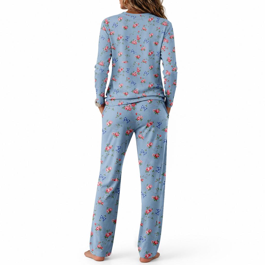 Set Pigiama da Donna a Manica Lunga con Scollo Rotondo, Coulisse e Gamba Larga per Uso Casual e da Notte