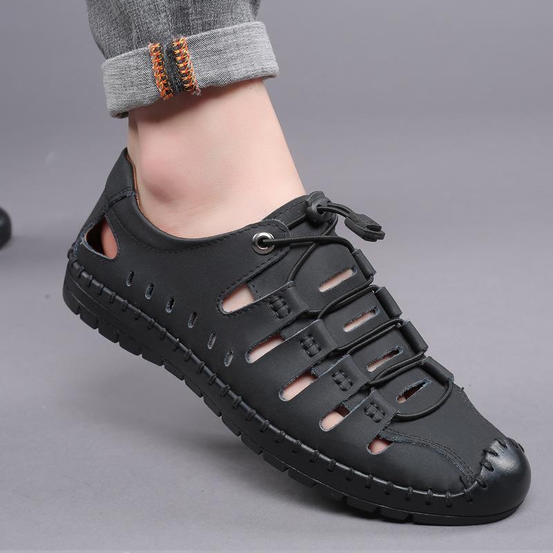 Summer New Men's Sandals Leather Casual Shoes Fashion Versatile Hollow Bag Head Breathable Hole Shoes Men's Shoes Soft