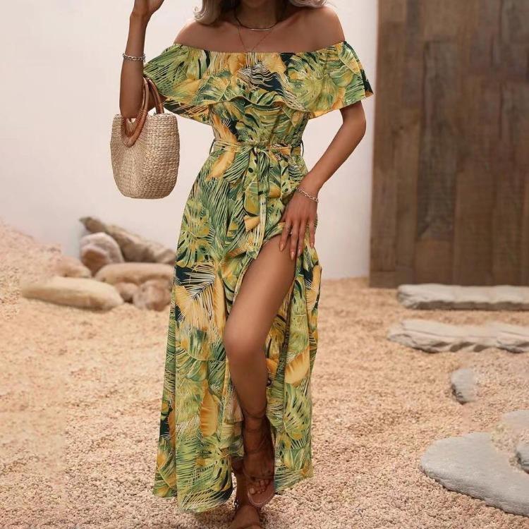 Women Summer Casual One Shoulder Sleeveless Flower Print Dress High Waist A-Line Belt Slit Ankle-Length Collar Dresses Spring